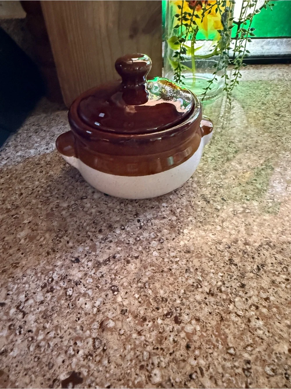Vintage Brown & Cream Stoneware Lidded Bean Pot Crock